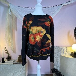 Vintage Floral Knit Sweater | Chunky Folk Art Pattern | Oversized M-L